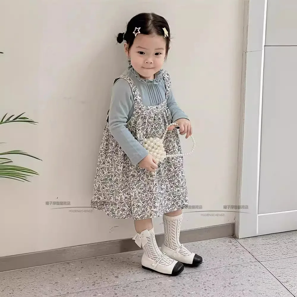 Autumn Infant Baby Girl 2 Piece Clothes Set Cotton Ruffle Collar Undershirt Outfit Floral Print Cotton Slip Dress Kid Girl Suits