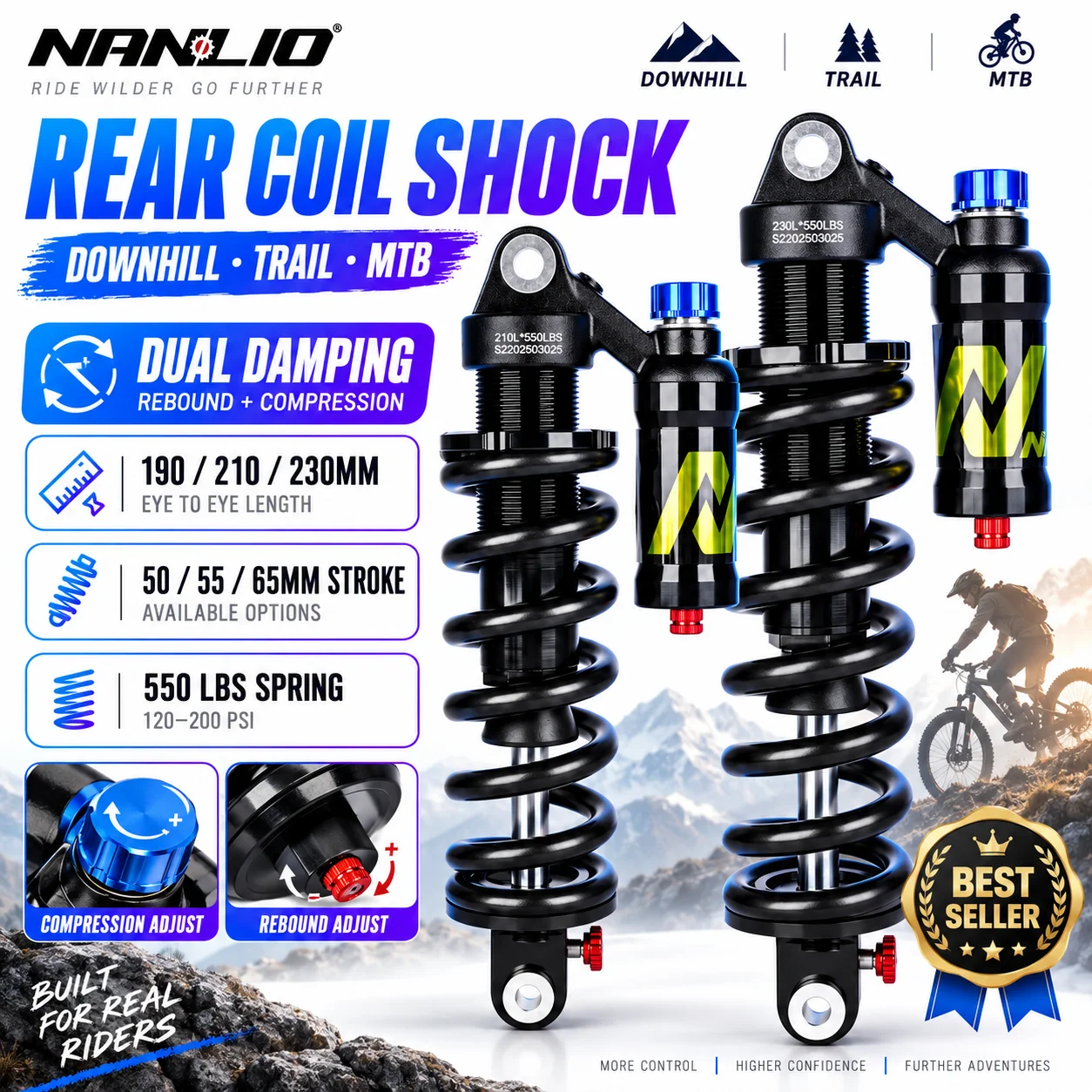 Mountain Biking Downhill - NANLIO MTB Rear Coil Shock 190/210/230mm