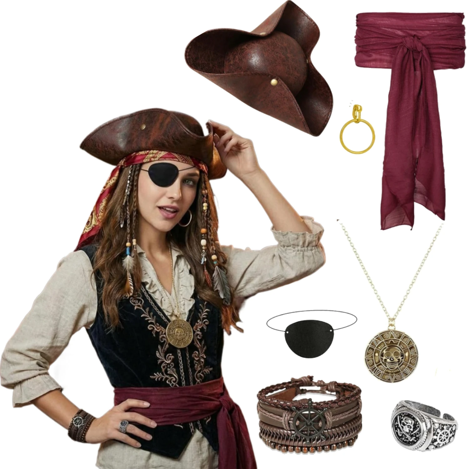 7 Pcs Pirate Hat and Accessories Set with Eye Patch Bracelet Necklace Ring Belt Pirate Costume Halloween Renaissance Cosplay