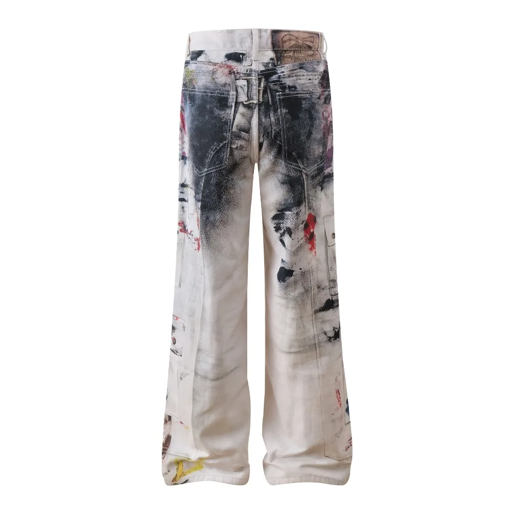 High Street Jean Pants Men's High Street Heavy Industry Wash Inkjet Graffiti Jeans Wide Leg Streetwear Casual Pants