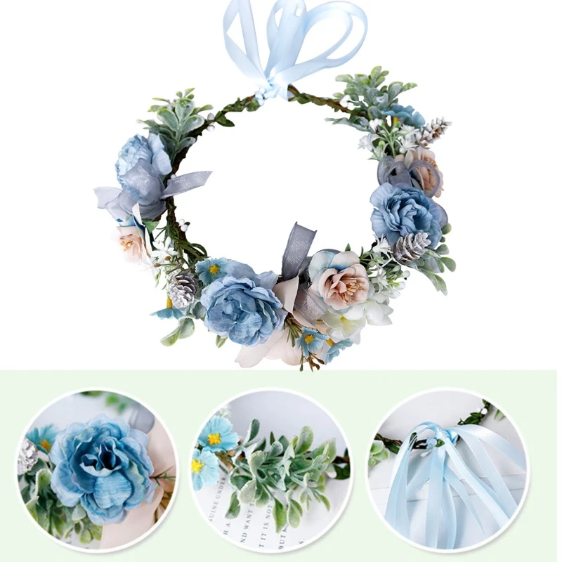 Boho Beach Holiday Wreath Headband Artificial Blue Flower Crown Halo Garland Fake Eucalyptus Leaves Wedding Headpiece