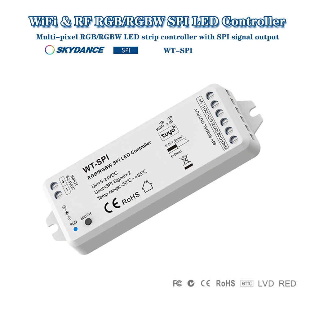 

Skydance WT-SPI DC5-24V Tuya Smart WiFi+2.4GHzRF SPI APP Controller for WS2811 WS2812 WS2815 Pixel RGBIC/RGBWIC LED Strip Light
