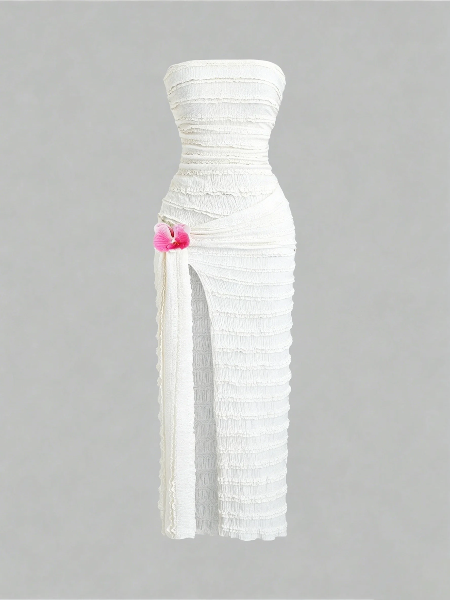 Women's Casual Solid Color Long Dress Comfortable Skirt with Waist Cinch And Flower Slit One-Necked Design