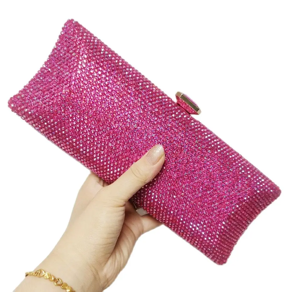 Chaliwini Fuchsia Elegant Women Long Evening Bags and Clutches Formal Dinner Crystal Clutch Purses Bridal Rhinestones Handbags