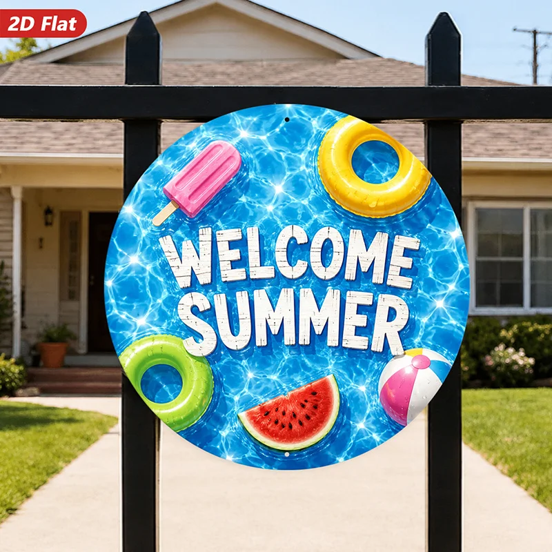 2D Flat, 1pc Welcome Summer Pool Float Round Metal Sign Wall Art, Pink Popsicle, Suitable for Office Bedroom, Yellow Ring Float,