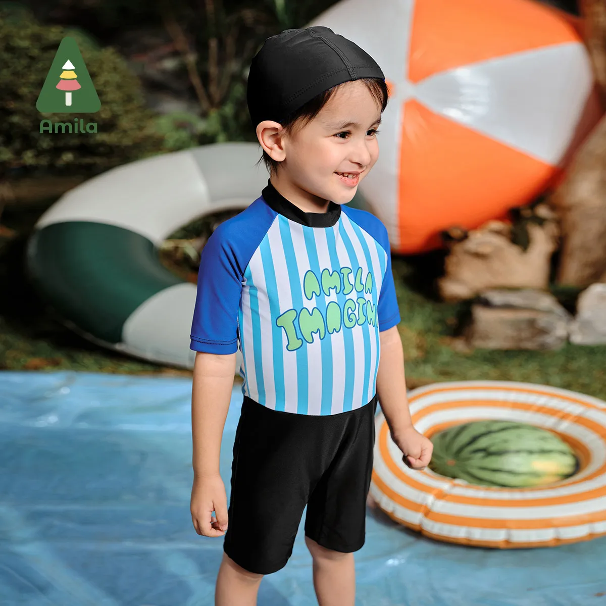 

Amila Baby Buoyancy Swimsuit Summer 2024 New Streak Swimwear Kid One Piece Floating Rash Guards Bathing Boys Swimming Suits