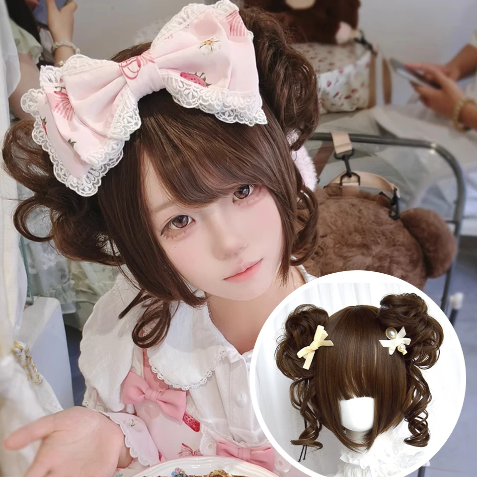 30cm Short Straight Cosplay Wig Black/Brown for Women Heat Resistant Synthetic Hair with Removable Hair Bun