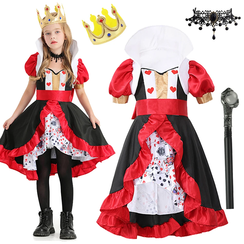 Girls Poker Queen Cosplay Halloween Carnival Party Fantasy Dress Kids Alice Queen of Hearts Stage Performance Children Costume