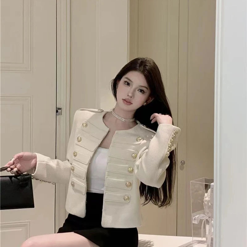 2023 Korean Fashio New Small Fragrance Autumn Coat Women Luxury High Quality Vintage Double Breasted O-neck Short Tweed Jacket n