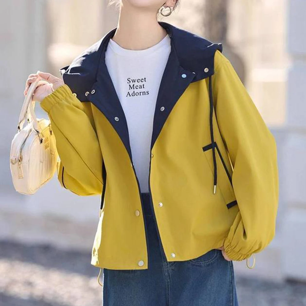 Hooded trench coat for women, 2026 spring/autumn new loose, slimming, fashionable, color-blocking, stylish casual short jacket