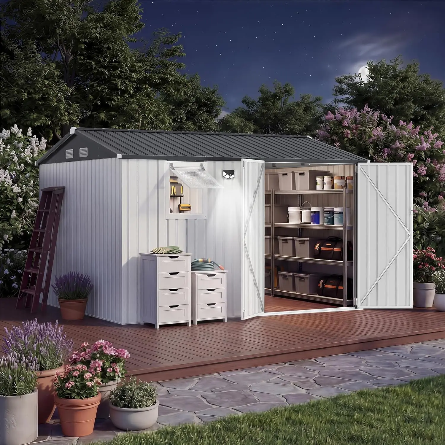 10x8 FT Heavy-Duty Metal Outdoor Storage Shed with Solar Light, Customized