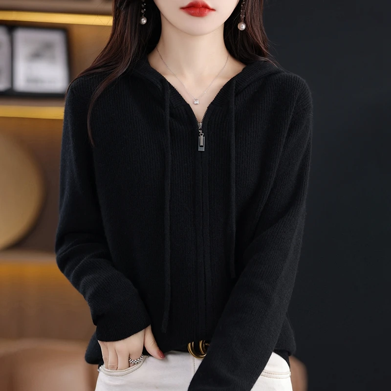 Women\'s long sleeved hooded cardigan autumn and winter women\'s knitted new cashmere sweater jacket top