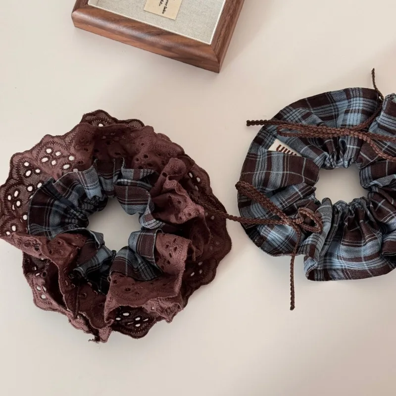 College style retro blue coffee plaid large intestine hair band lace high sense headband bow lazy wind hair rope rubber band