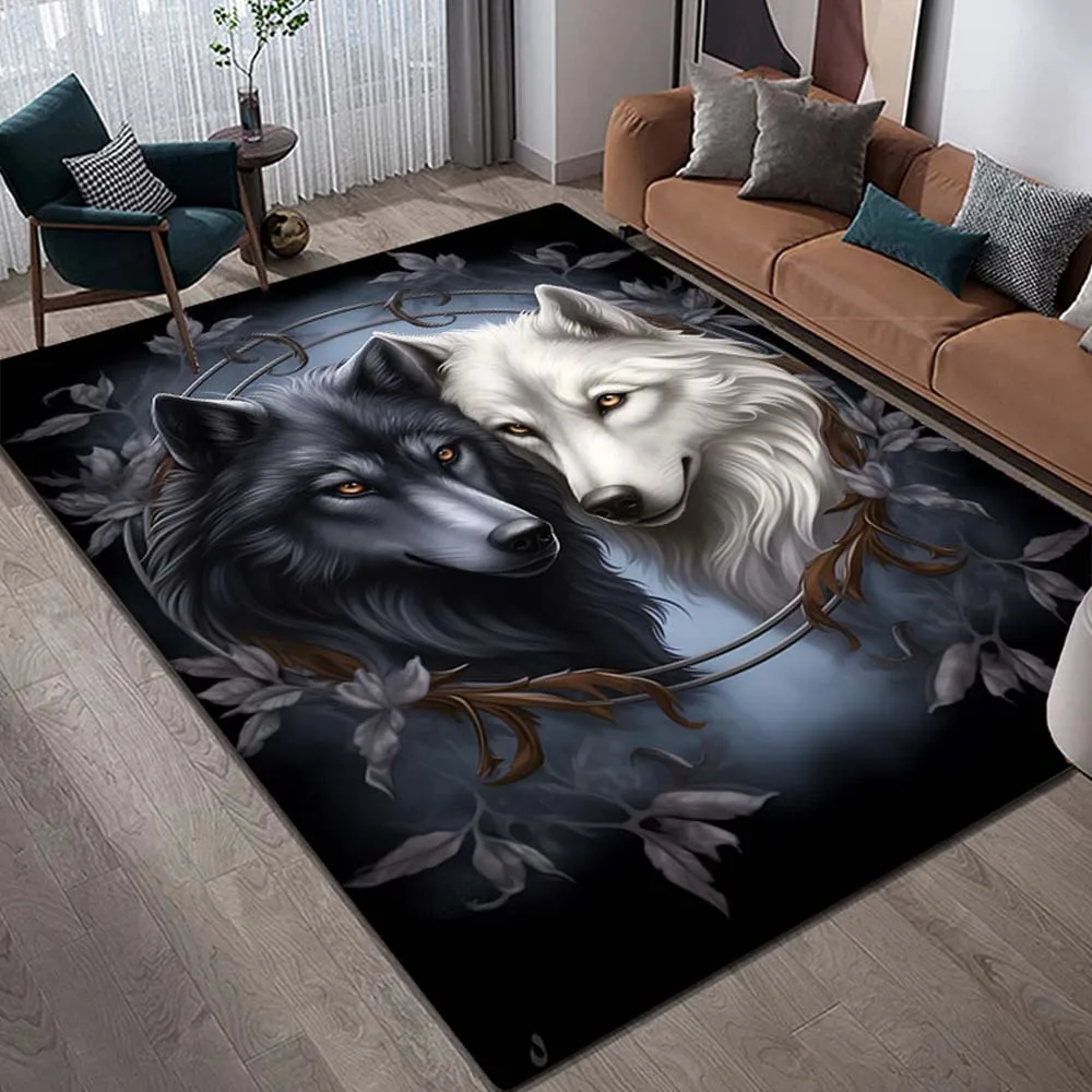 [1pc Galaxy Wolf Rug] 1pc Soft Flannel Galaxy Wolf Design Area Rug | Black & White Yin Yang Wolves with Viney Branches