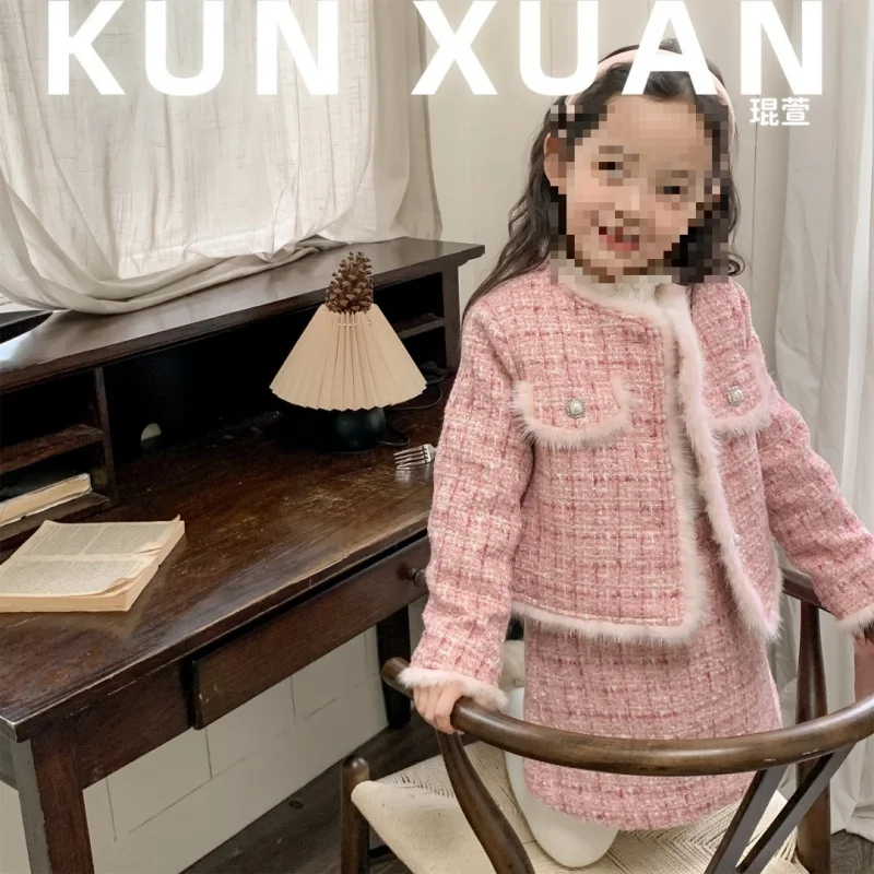 

New Girls' Winter Genuine Fur Gentle Sweet Set Quilted Jacket and Skirt Two-Piece Set