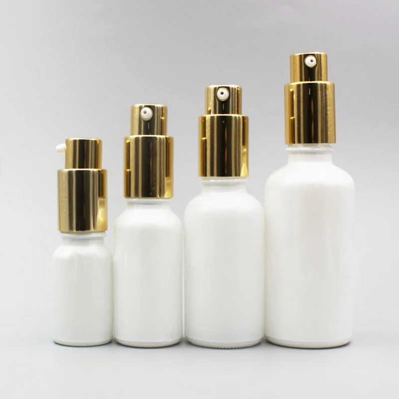 24pcs Empty White Essential Oil Pump Glass Bottle Gold Black Mist Spray Lotion Pump 10ml 20ml 30ml 50ml