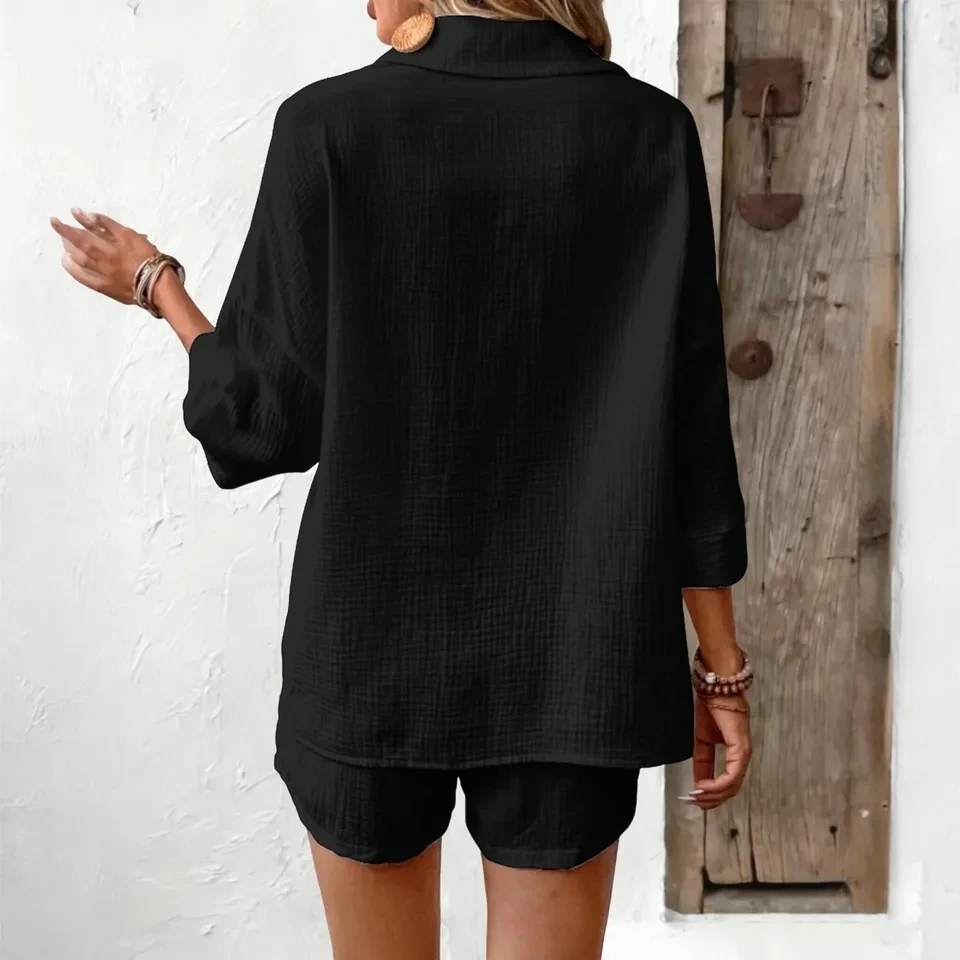 2 Piece Sets Women's 3/4 Sleeves Pullover Shirt + Shorts Set Fashion 2026 Summer Outfits Solid Casual Blouse And Shorts Suit