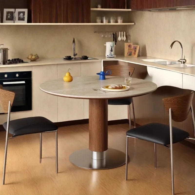 

Solid wood sintered stone travertine small apartments stainless steel white wax wood rice round table