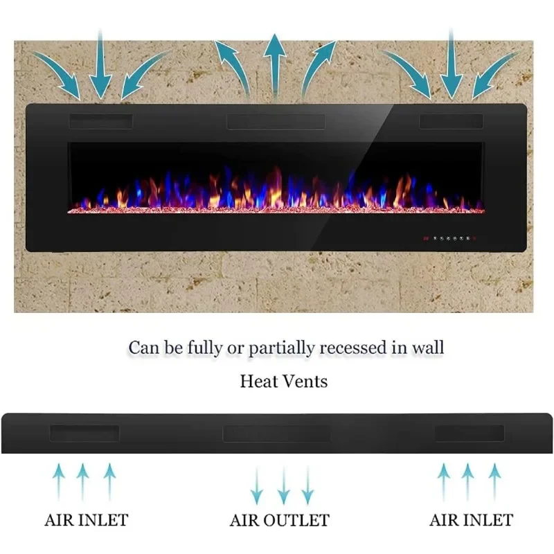 R.W.FLAME 68 inch Recessed and Wall Mounted Electric Fireplace, Ultra Thin and Low Noise,Fit for 2 x 6 Stud