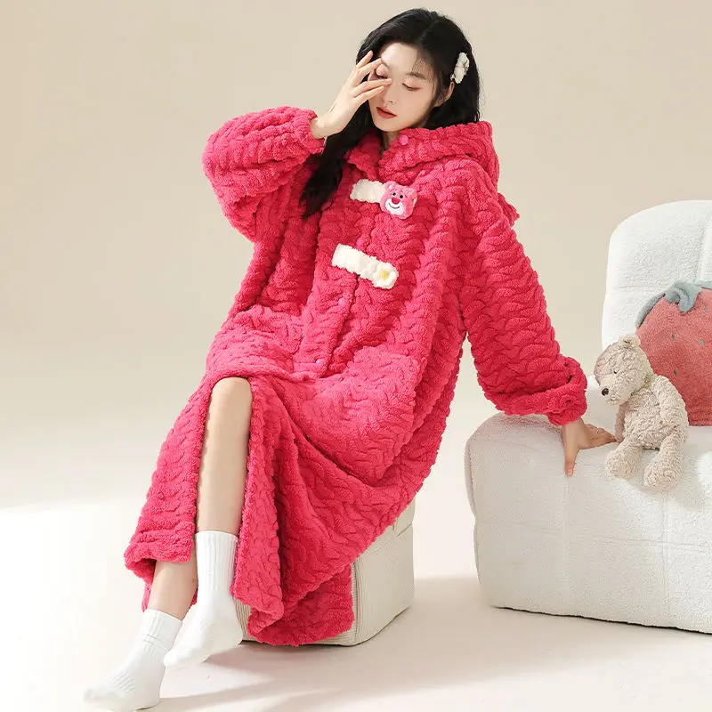 Big Size Sleepwear Flannel Robes Warm Bathrobe Women Long Sleeve Thick Loungewear Hooded Coral Fleece Cardigan Kawaii Clothes