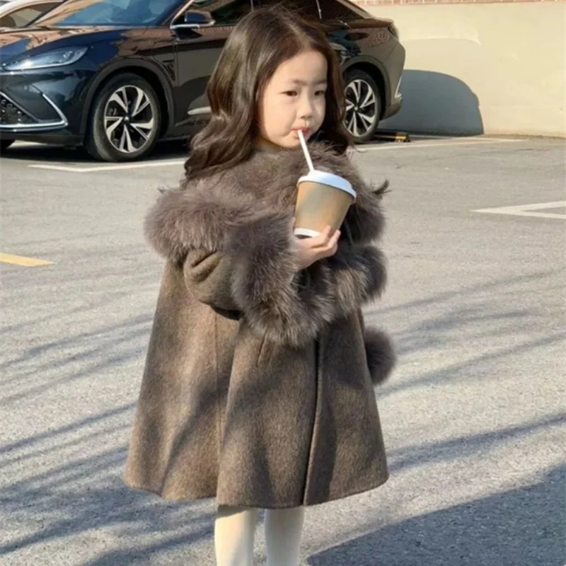 Girls Woolen Coat Overcoat Jacket Windbreak Outerwear 2024 Fuzzy Thicken Winter Warm Snowsuits Christmas Gift Children's Clothin