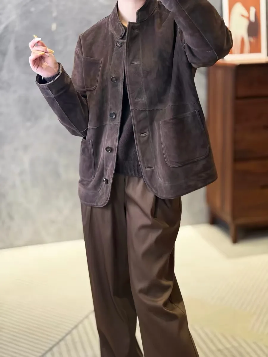 

Spring Retro Suede Leather Sheepskin Bomber Jacket for Women Dame Vintage Stand Collar Elastic Waist Short Coat Chic Veste Femme