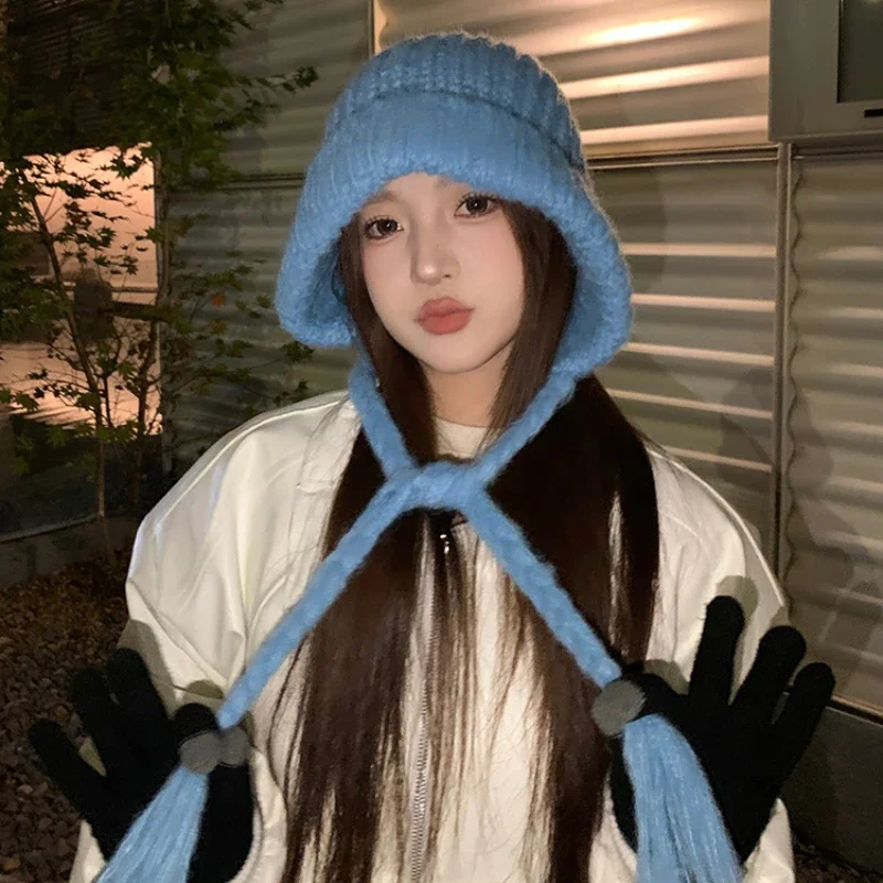 Korean Version Simple Blue Strap Beanies Cap for Women Autumn and Winter Casual Versatile Thermal Ear Protection Pullover Hat