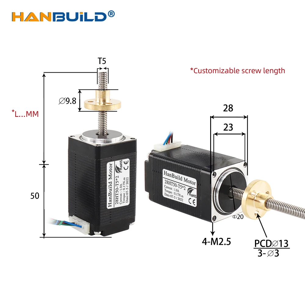 HanBang 11HS5010-T5*2 screw 0.17N.m 1.8 degree trapezoid NEMA11 stepper motor screw length for 3D Medical machinery