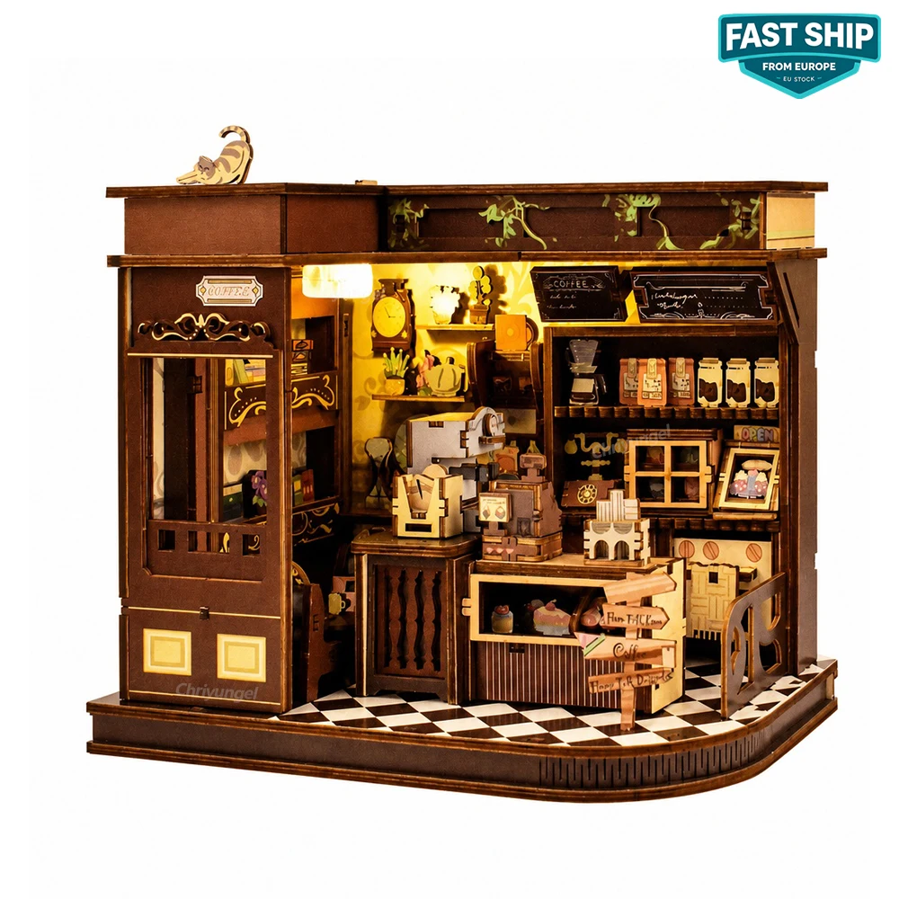 DIY Kaffeehaus-Bausatz mit LED-Beleuchtung, 3D-Holzpuzzle, Mini-Puppenhaus, Kaffeehaus-Bausatz, Bastelgeschenk für Erwachsene und Jugendliche