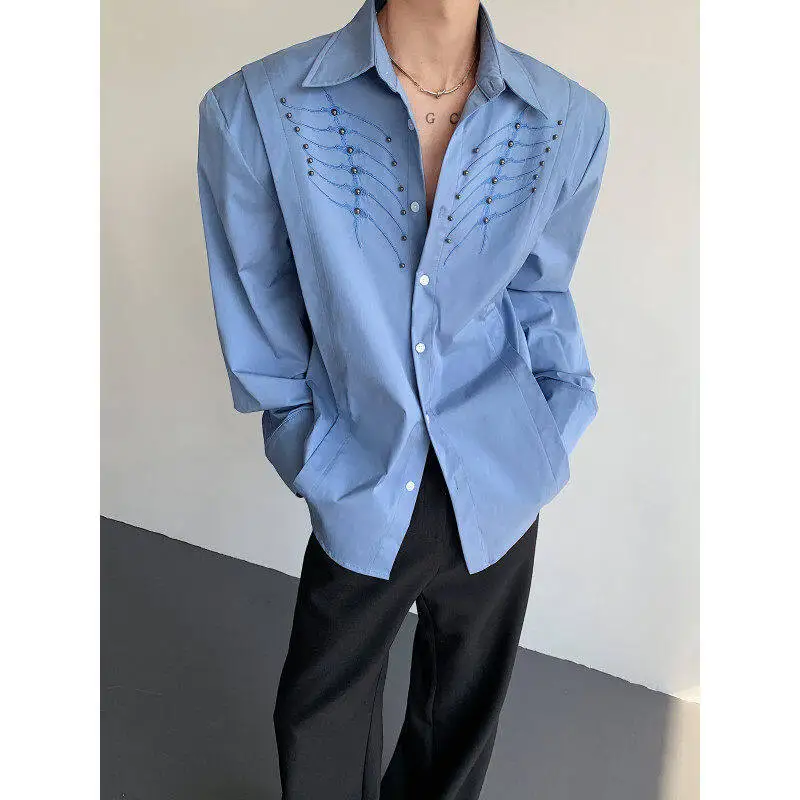 

Blue Heavy Embroidery Men's irt American Sle Cleanfit Jaet Trendy Spring Outerwear Polyester Fiber Long Sve Button C...