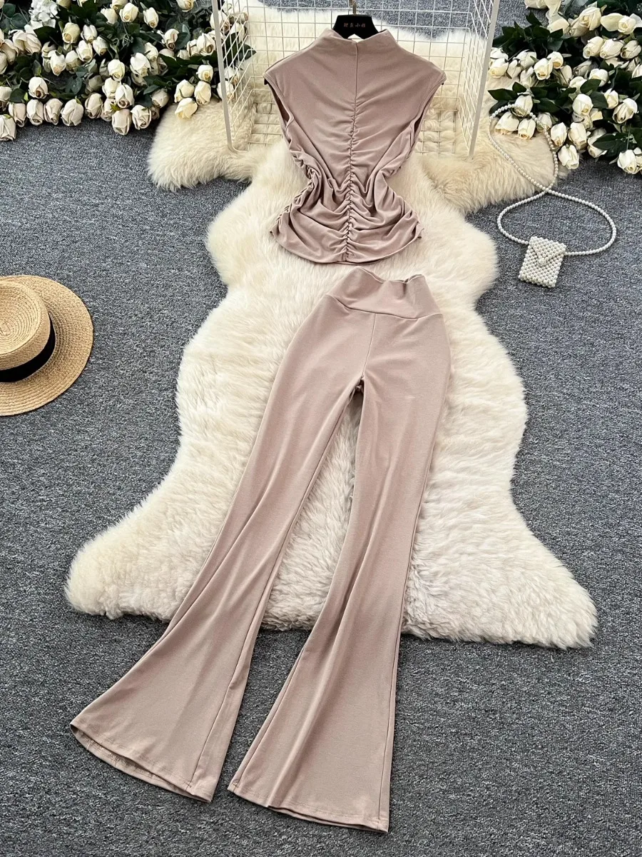 

Foamlina Chic Pleated Slim Fit Sleeveless T-Shirt & High Waist Bodycon Pants Women's Sexy Figure Flattering Relaxed 2 Piece Set