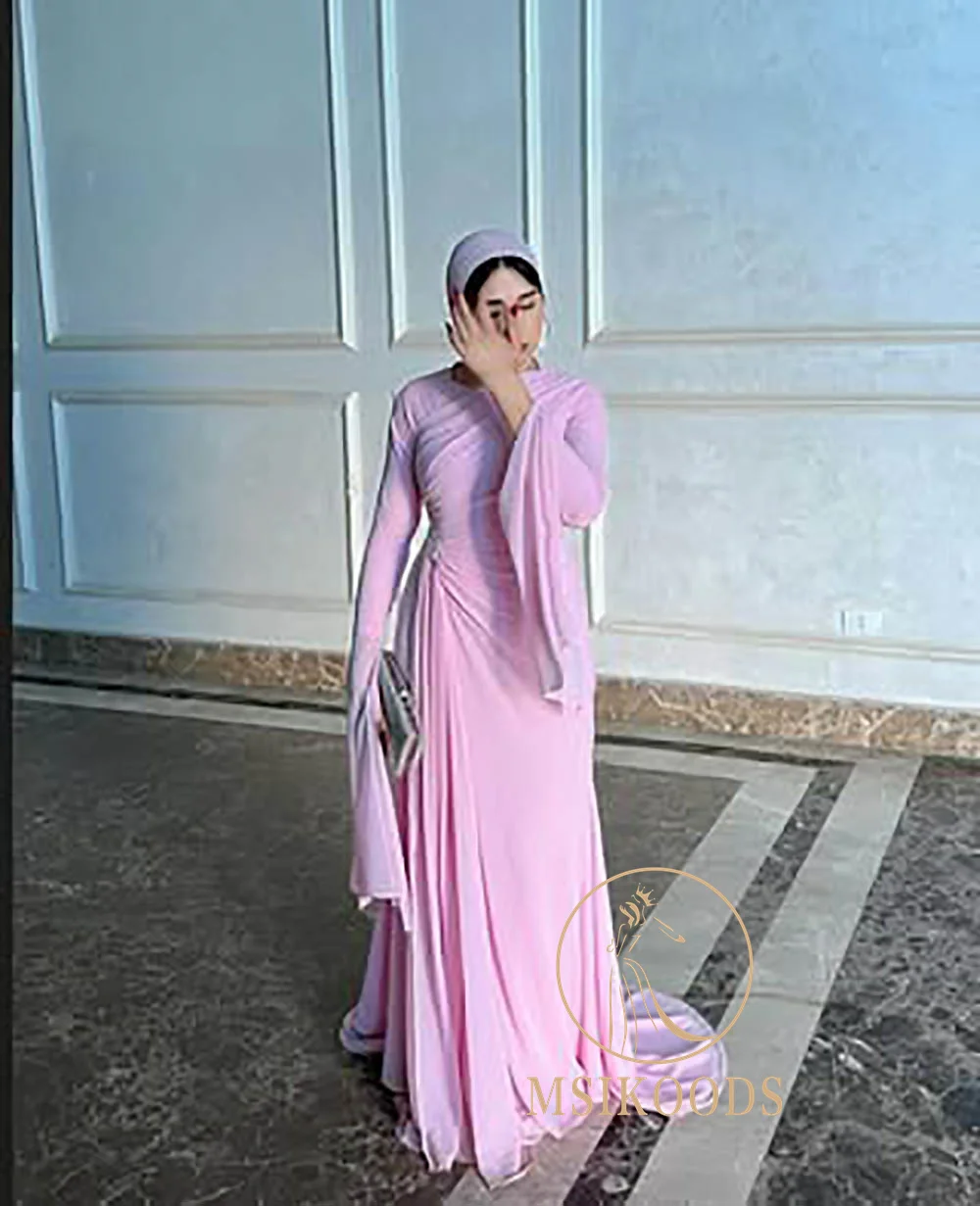 Msikoods rosa manga longa vestidos de noite modesto vestido de baile drapeado elegante estilo muçulmano vestido de festa de noite para mulher personalizado