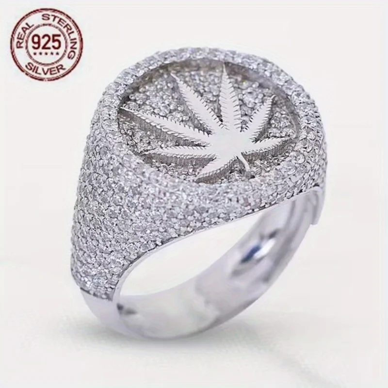 

Роскошные кольца из стерлингового серебра 925 пробы Iced Out Marijuana для мужчин Leaf Hip Hop Rock Punk Мужской 5A Циркон Модные винтажные украшения
