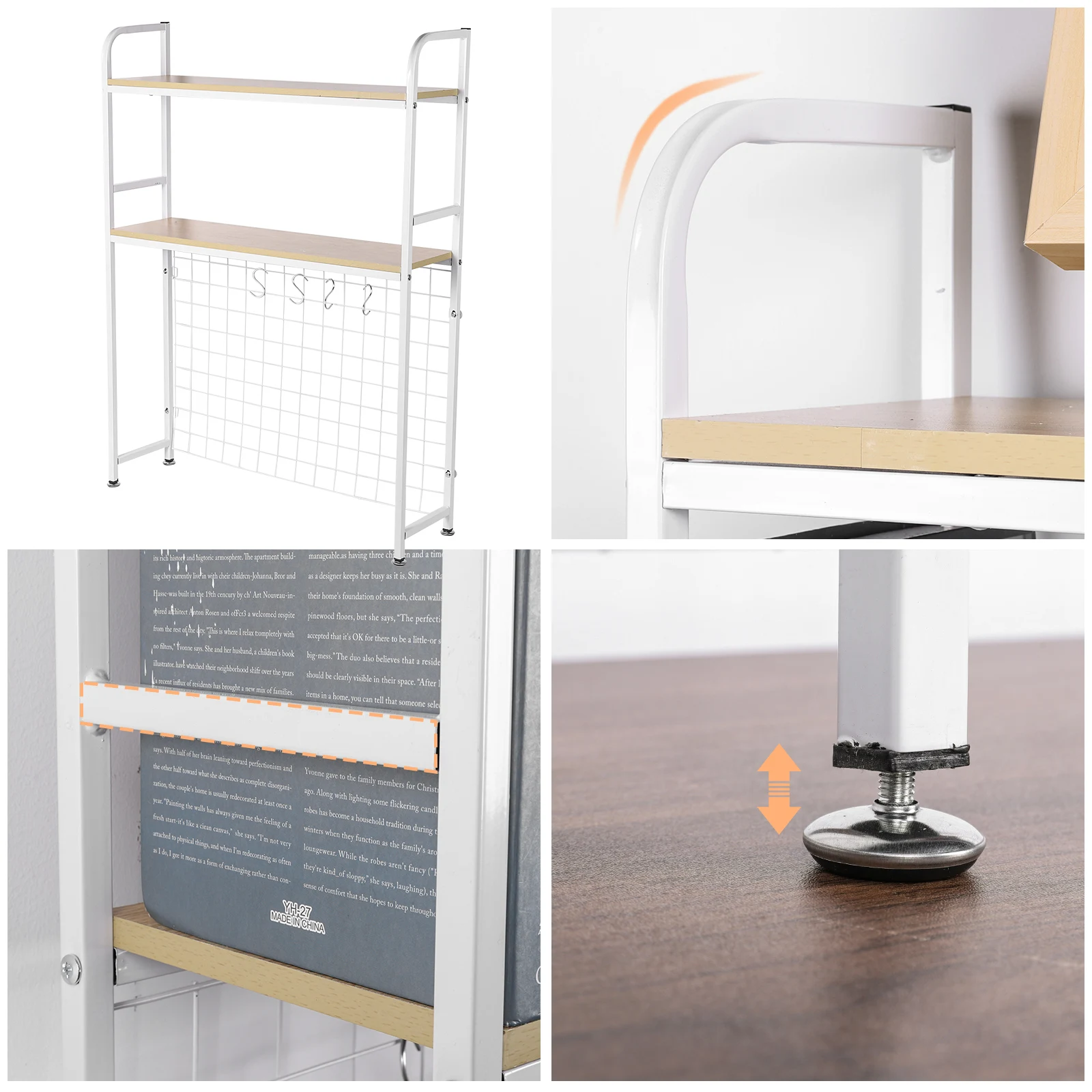 2 Tier Wooden Bookcase Organizer with Grid Panel Desktop Decorative Rack Multipurpose Home Display Shelf for Computer Desk