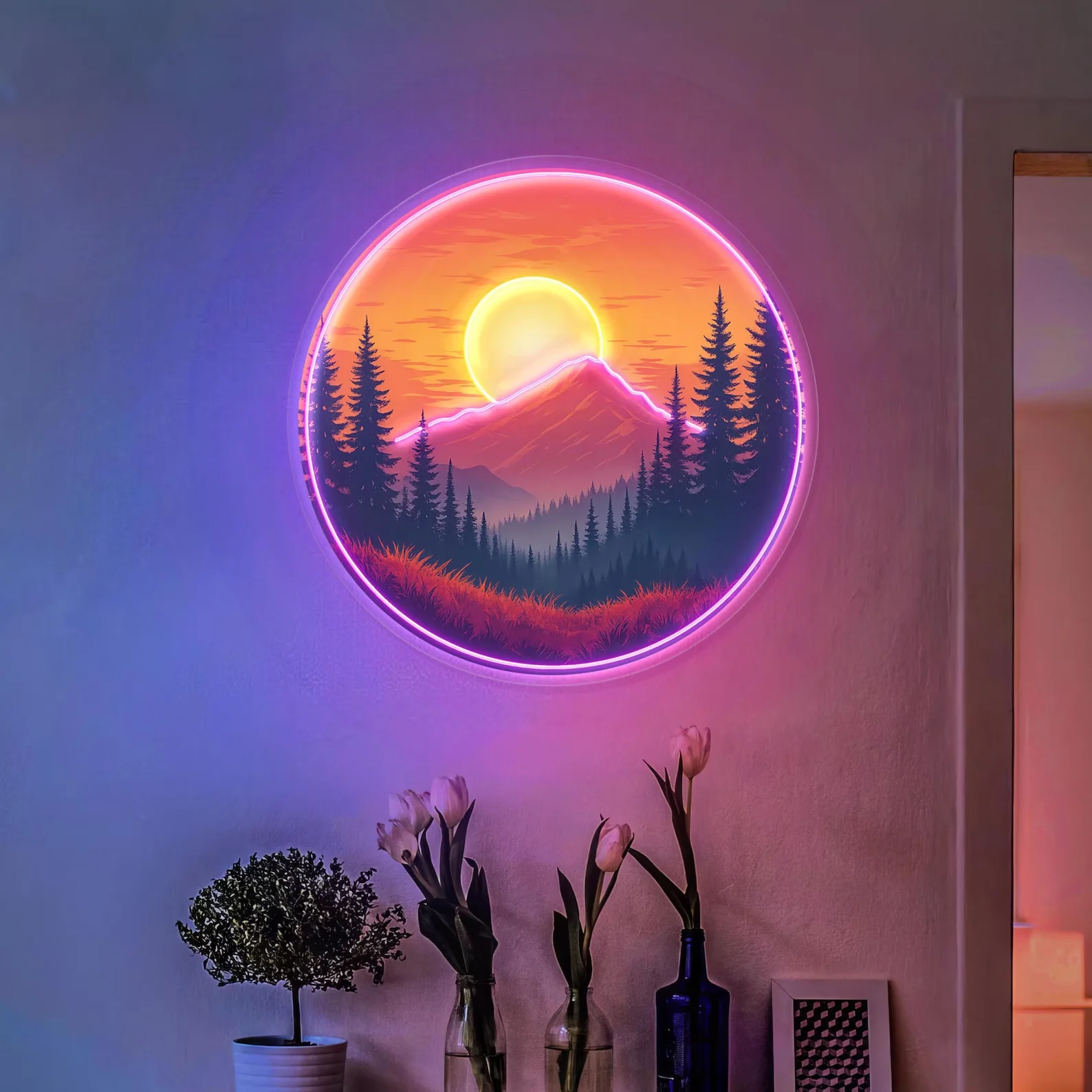 علامة نيون جبل غروب الشمس، لوحة فنية جدارية LED مصنوعة يدويًا، نيون جبل، فن جدار غروب الشمس، علامة نيون طبيعية، ديكور للتخييم، هدية جبلية #1