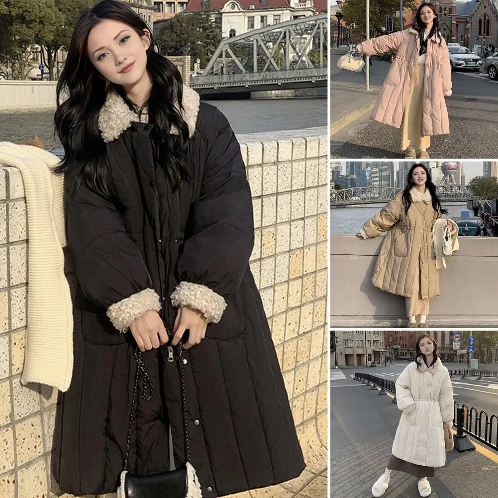 Winter Cotton Coat Calf Length Single-breasted Turn-down Collar Jacket Loose Long Sleeves Overcoat Slim Waist Fleece Parka