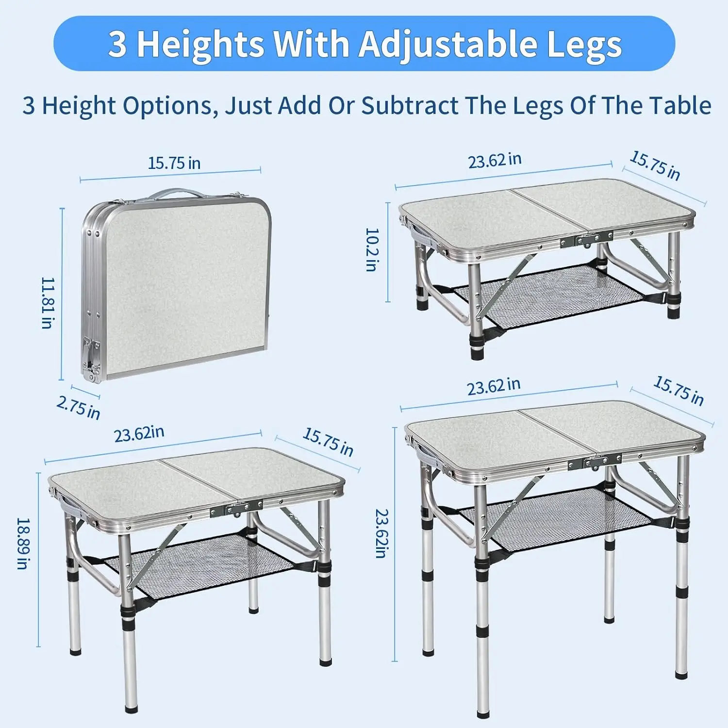 Small Folding Table Adjustable 2Ft Portable Camping Table,Outdoor Folding Table with Net Mesh White Metal for Patio BBQ