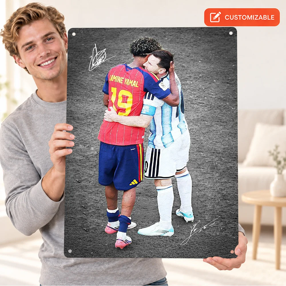Lamine Yamal And Lionel Messi Football Players Aluminum Poster Personalized Metal Sign Graphic Illustration Wall Art For Bedroom