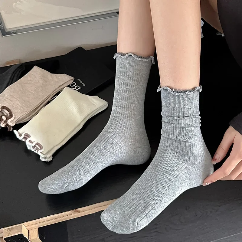 

Japanese Simple Solid Color Ruffle Edge Middle Tube Socks Women's College Style Pile Socks Autumn Winter Floor Socks Streetwear