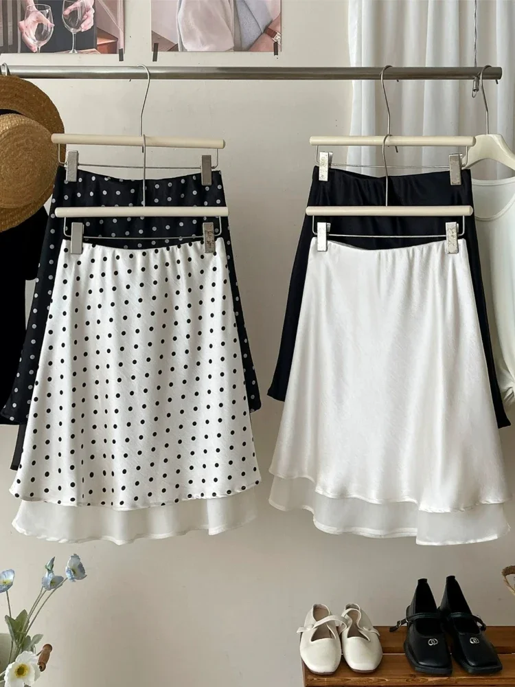 French Style Satin Mini Skirt for Women Double-layer Mesh Polka Dot Hip Hugging Summer Fashion Elegant Temperament Skirts
