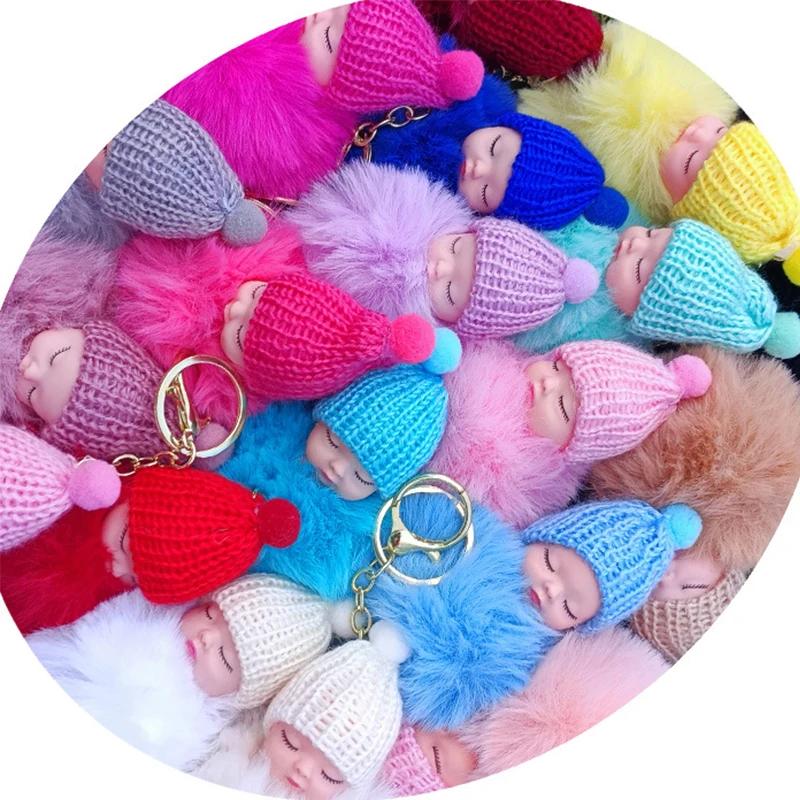 50Pcs Doll Pom Pom Keychain Cute Fluffy Sleeping Baby Doll Keychain Pompom Car Keyring Wallet Bag Phone Pendant Bag Charm