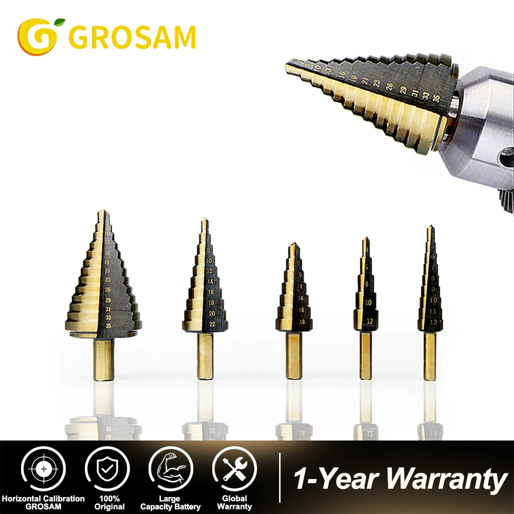 

GROSAM 5pcs Metric Hss Cobalt Step Drill Bit Set Multiple Hole 50 Sizes with Aluminum Case