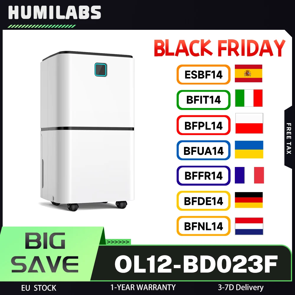 Déshumidificateur portable HUMILABS OL12-BD023F, 3 modes, dégivrage automatique, minuterie de 12 heures, capacité de déshumidification de 12 L, 15-25 ㎡   Portée