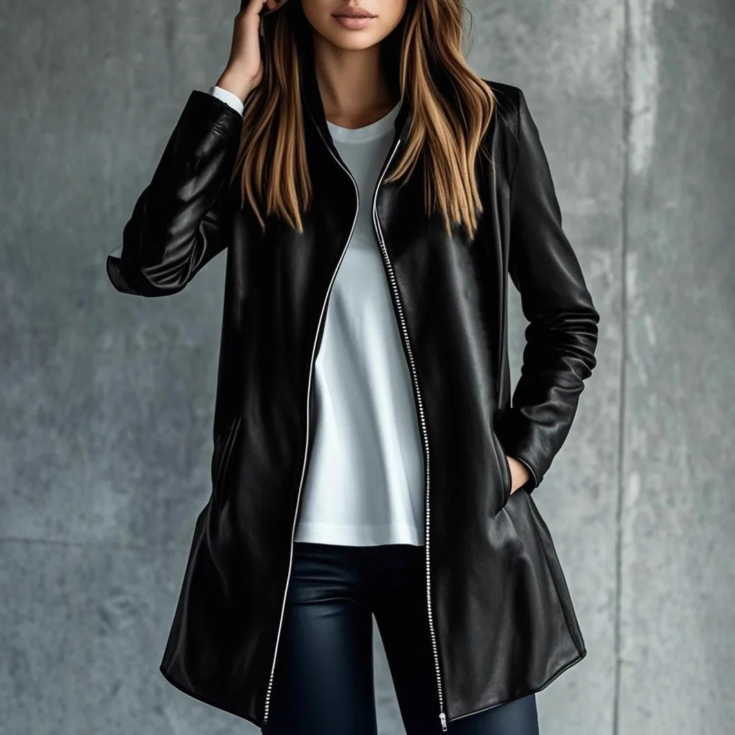 2025 Otoño Invierno nuevas mujeres de longitud media chaqueta de cuero de imitación Oficina señora cremallera elegante Casual abrigo cálido