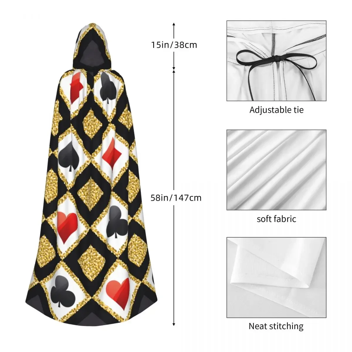 Golden Alice In Wonderland Poker Red Black Adult Cloak Cape Hooded Medieval Costume Witch Wicca Elf Purim Carnival Party
