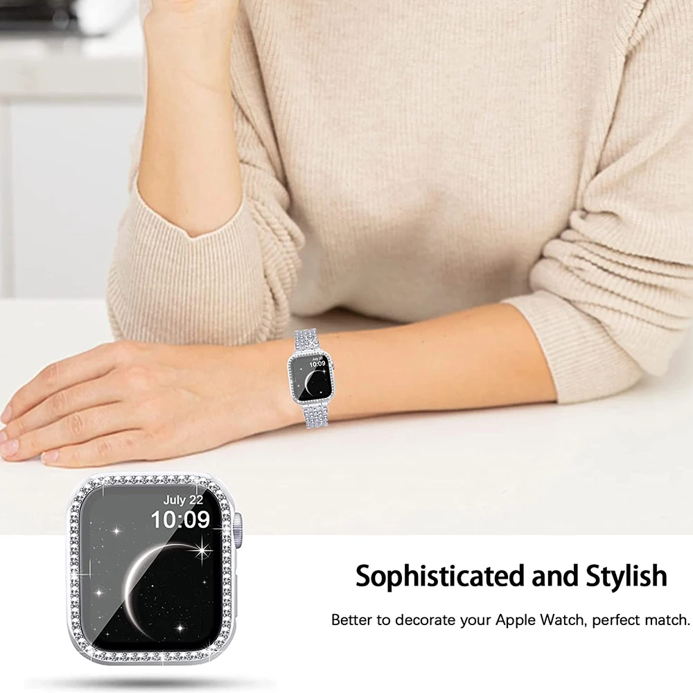 Diamond Cover for Apple Watch 44mm 40mm 42mm 38mm 45mm 41mm,Glitter Bumper Protective Case+Glass for iWatch Series 8 7 6 5 4 3SE