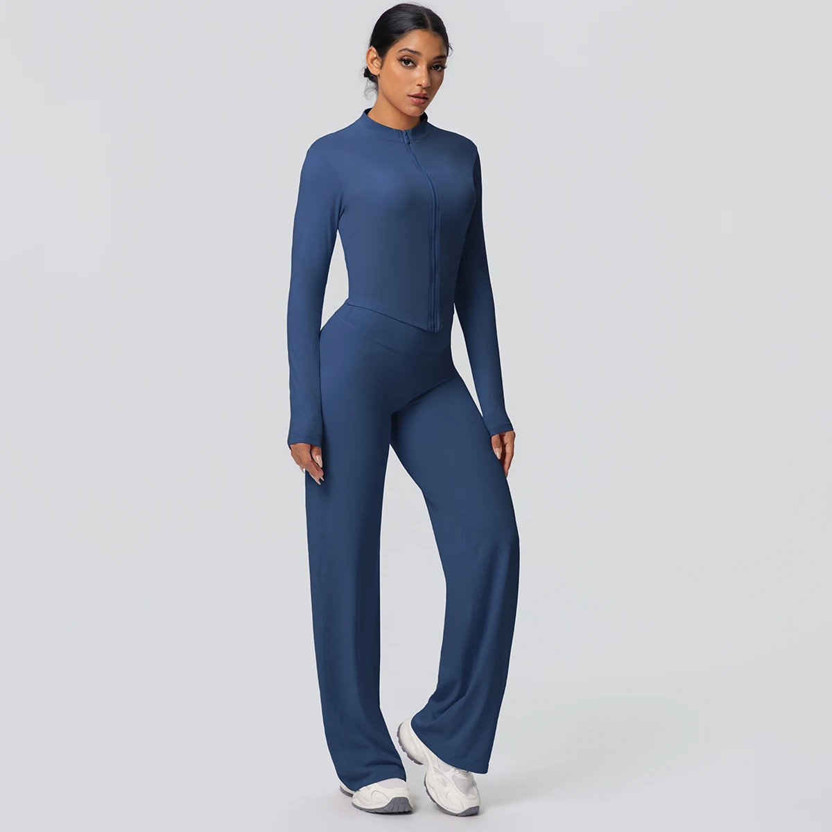 2 stück Schnell Trocknend Sport Fitness Kleidung Yoga Set Frauen Yoga Zipper Lange Ärmel Hohe Taille Atmungsaktive Breite Bein Hosen set – Detail 19