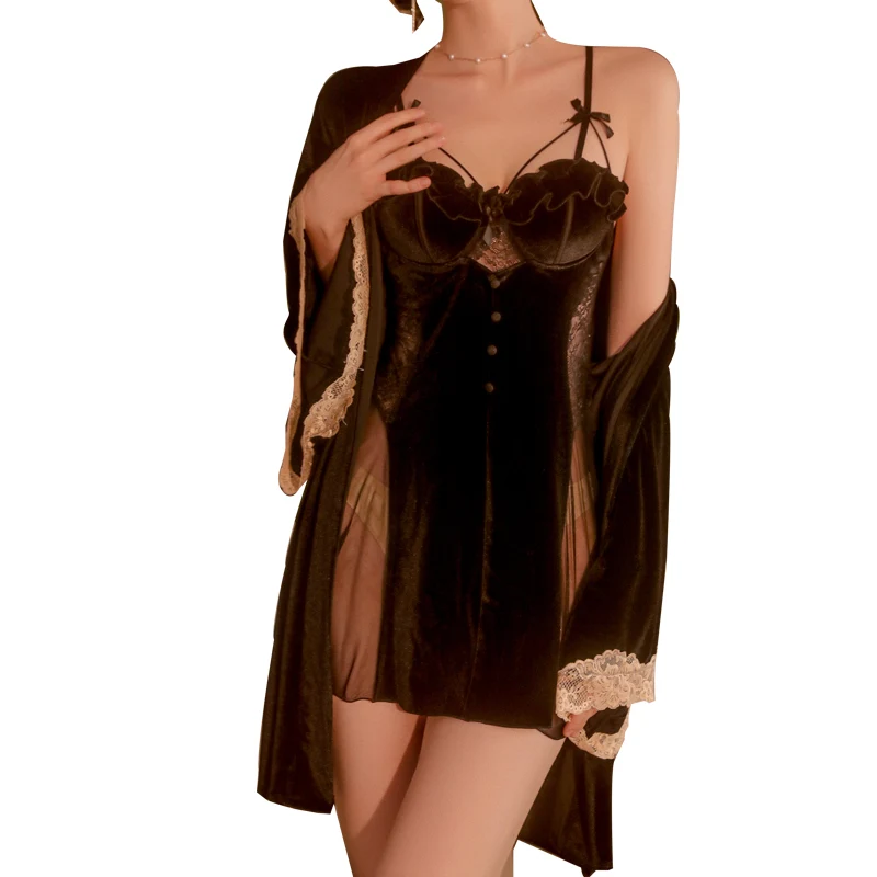 Sexy Mousse Autumn Night Wear Sexy Women Backless Suspender Nightgown Velvet Robe Sweet Ladies Sleepwear Homewear Suit Green