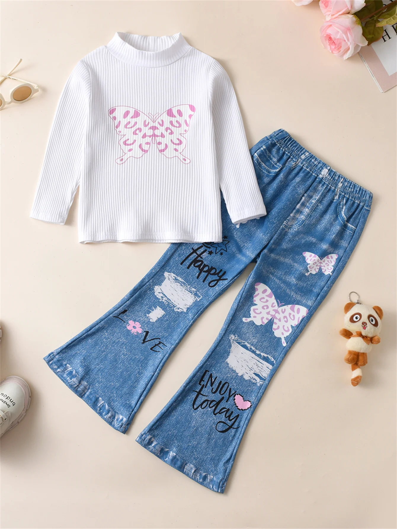 2PCS Girls Butterfly Graphic T-shirt Top + Imitation Denim Print Flare Pants Set Spring Fall Christmas Gift