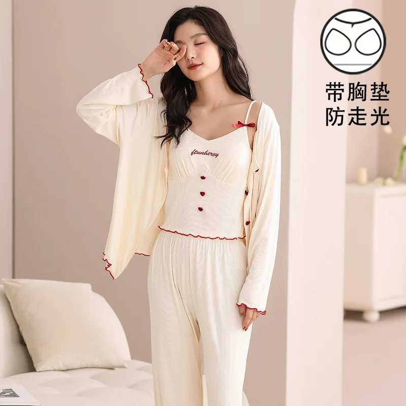 

3 Pieces Set Spring and Autumn Women Pajamas Set Knited Cotton Solid Pyjamas Women Long Sleeve Sleepwear With Chest Pad